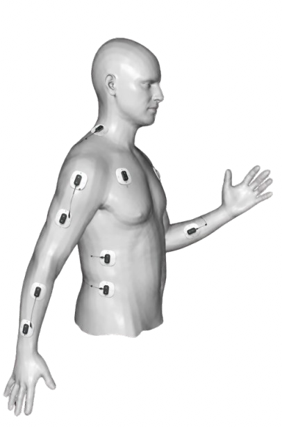 Upper-body figure wearing sensors for motion and signal capture